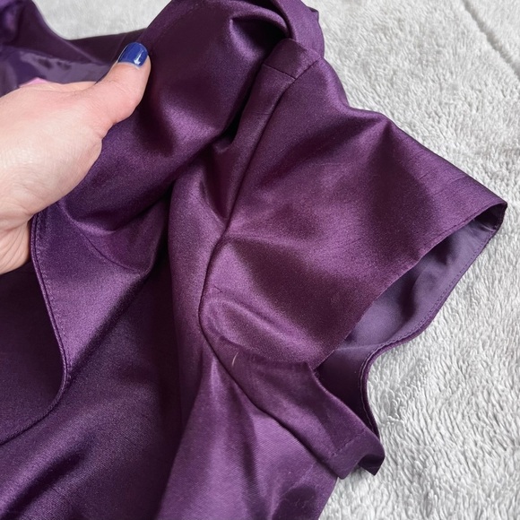Eliza J Portrait Drape Collar Satin Tea Length Cocktail Gown Dress Purple Sz 8 - Picture 8 of 17